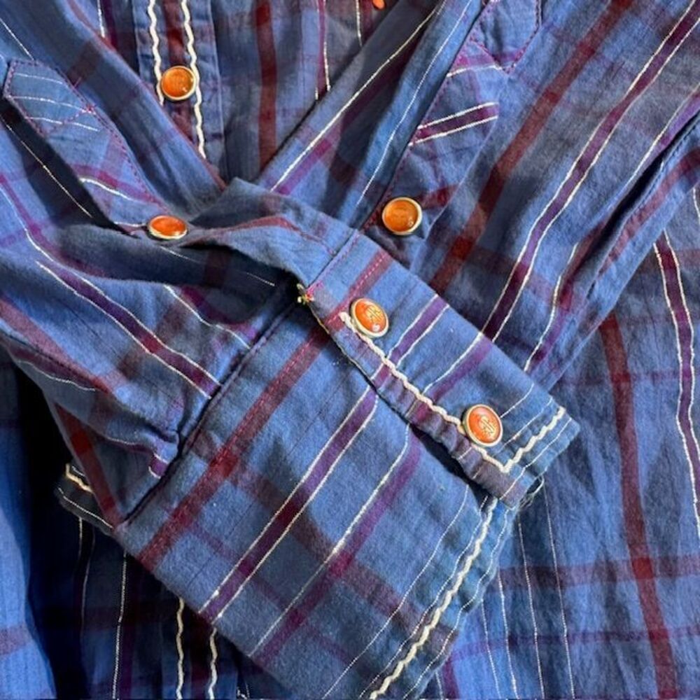 Roar Embroidered Western Plaid Shirt Orange Rhinestone Embellished Button Up Med - Picture 13 of 15